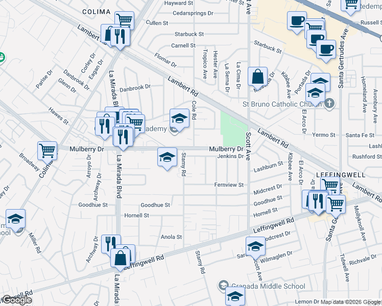 map of restaurants, bars, coffee shops, grocery stores, and more near 15215 Jenkins Drive in Whittier