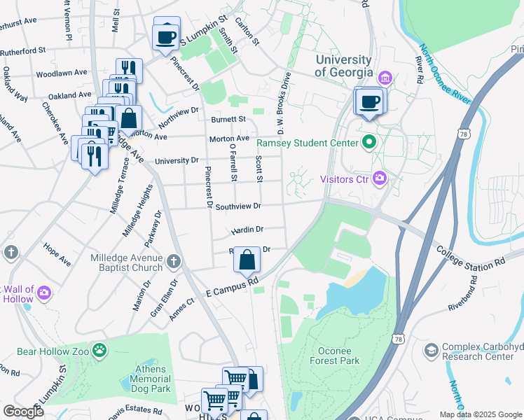 map of restaurants, bars, coffee shops, grocery stores, and more near 520 Southview Drive in Athens