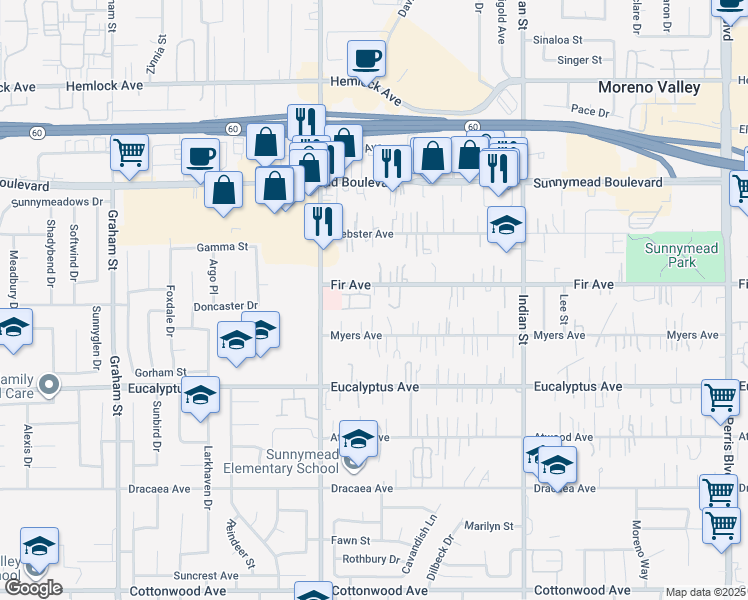 map of restaurants, bars, coffee shops, grocery stores, and more near 24133 Fir Avenue in Moreno Valley