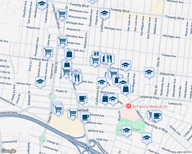 map of restaurants, bars, coffee shops, grocery stores, and more near 3415 Elizabeth Avenue in Lynwood