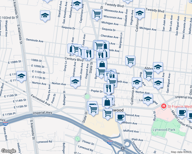 map of restaurants, bars, coffee shops, grocery stores, and more near 10787 Barlow Avenue in Lynwood