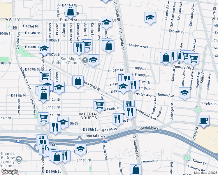 map of restaurants, bars, coffee shops, grocery stores, and more near 2401 Santa Ana Boulevard North in Los Angeles