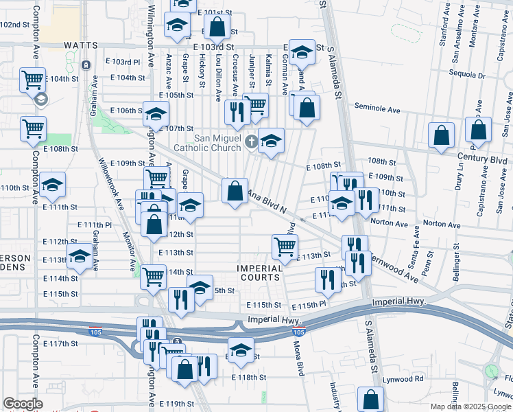map of restaurants, bars, coffee shops, grocery stores, and more near 2211 East 111th Street in Los Angeles