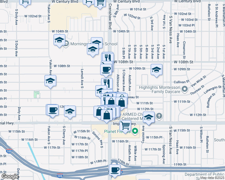 map of restaurants, bars, coffee shops, grocery stores, and more near 11112 Crenshaw Boulevard in Inglewood