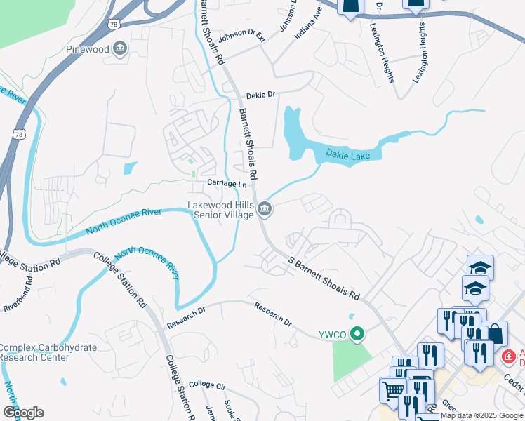 map of restaurants, bars, coffee shops, grocery stores, and more near 1025 South Barnett Shoals Road in Athens