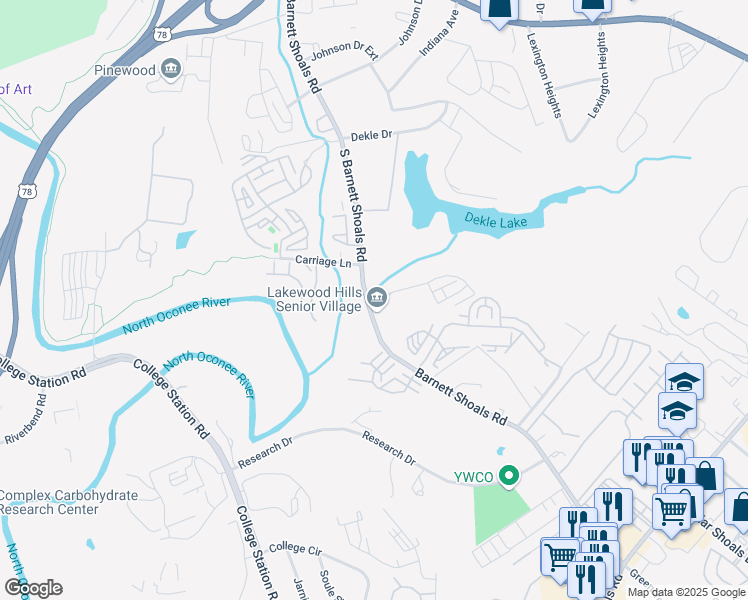 map of restaurants, bars, coffee shops, grocery stores, and more near 1025 South Barnett Shoals Road in Athens