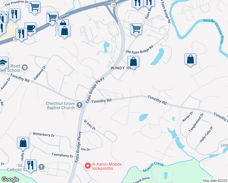 map of restaurants, bars, coffee shops, grocery stores, and more near 136 Timothy Park Lane in Athens