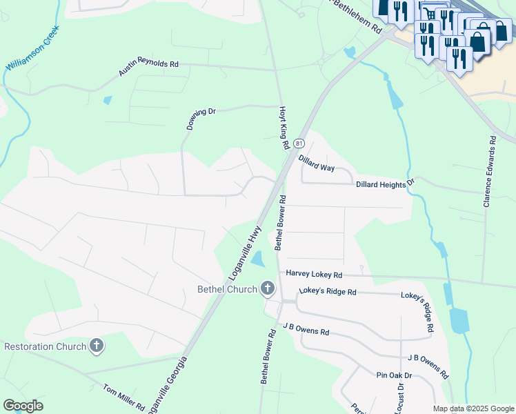 map of restaurants, bars, coffee shops, grocery stores, and more near 1089 Loganville Highway in Bethlehem
