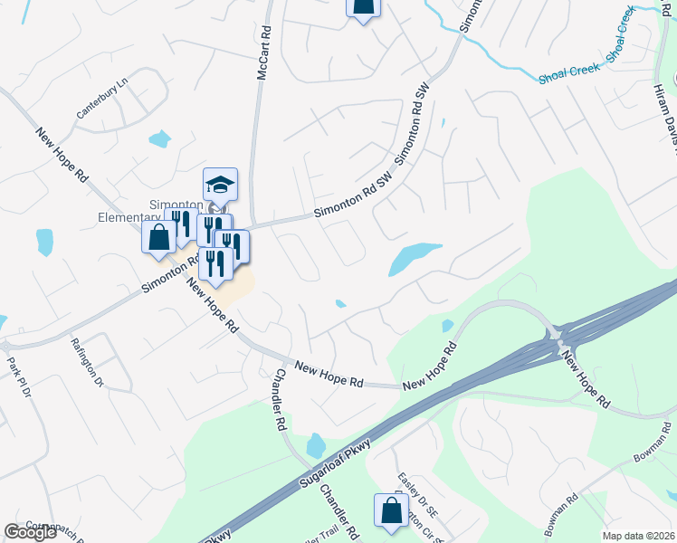 map of restaurants, bars, coffee shops, grocery stores, and more near 1089 Simonton Glen Drive Southeast in Lawrenceville