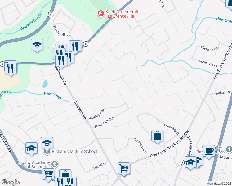 map of restaurants, bars, coffee shops, grocery stores, and more near 229 Mill Ridge Court in Lawrenceville