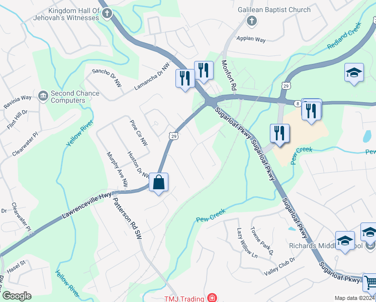 map of restaurants, bars, coffee shops, grocery stores, and more near 1671 Cannonball Court Northwest in Lawrenceville