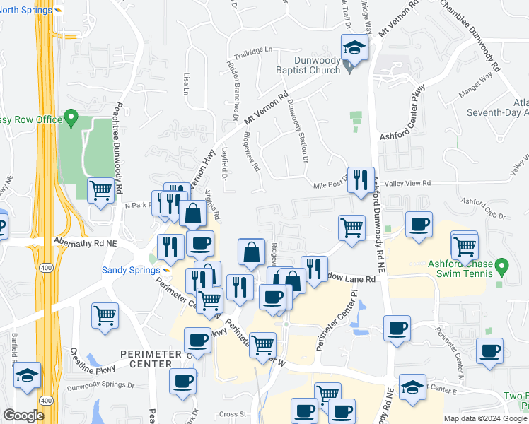 map of restaurants, bars, coffee shops, grocery stores, and more near 3212 Dunwoody Gables Drive in Dunwoody