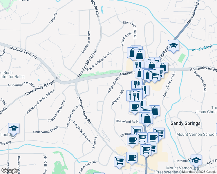 map of restaurants, bars, coffee shops, grocery stores, and more near 6575 Wright Road Northeast in Atlanta
