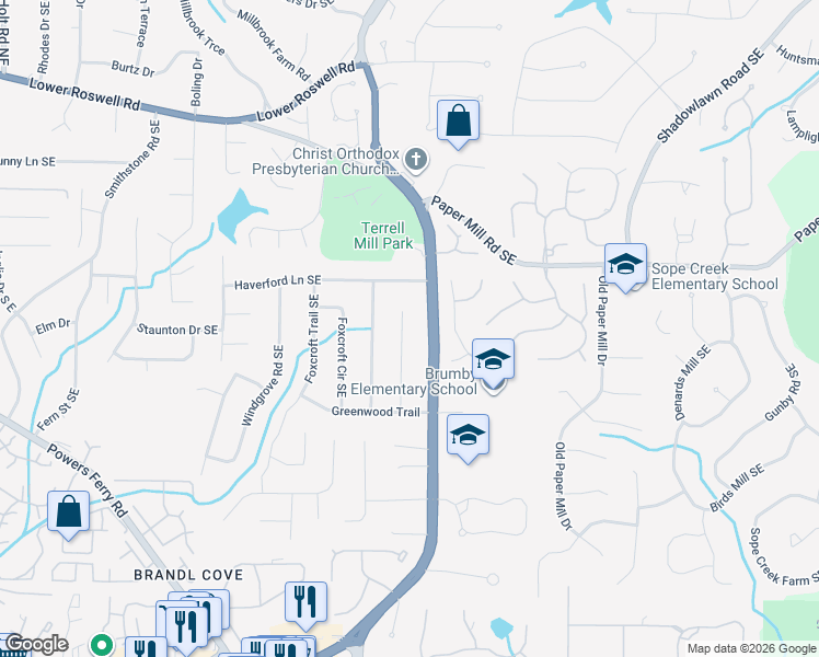 map of restaurants, bars, coffee shops, grocery stores, and more near 689 Huntington Place Southeast in Marietta