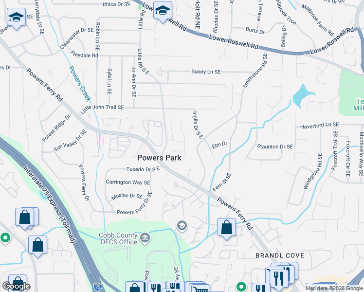 map of restaurants, bars, coffee shops, grocery stores, and more near 589 Lullingstone Drive Southeast in Marietta