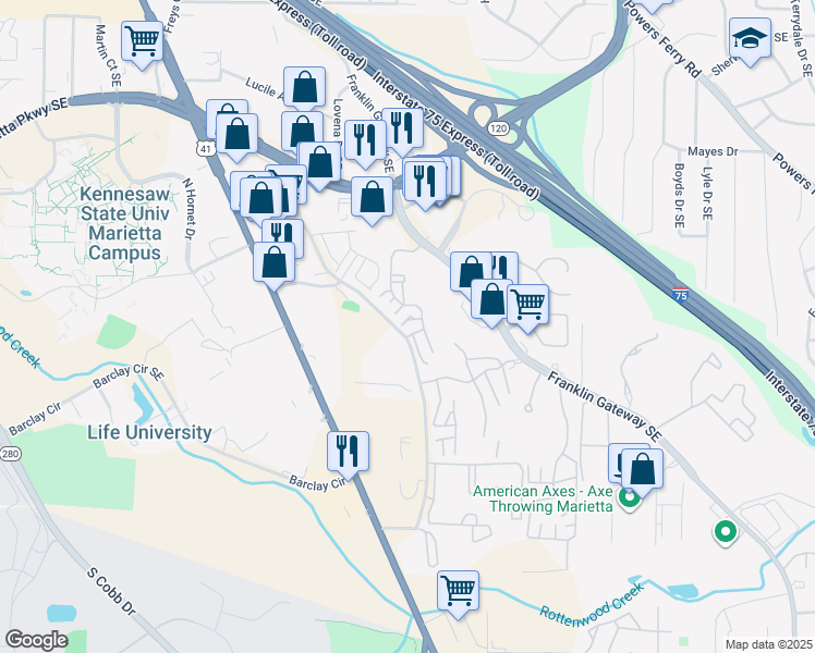 map of restaurants, bars, coffee shops, grocery stores, and more near 1605 Augusta Drive in Marietta