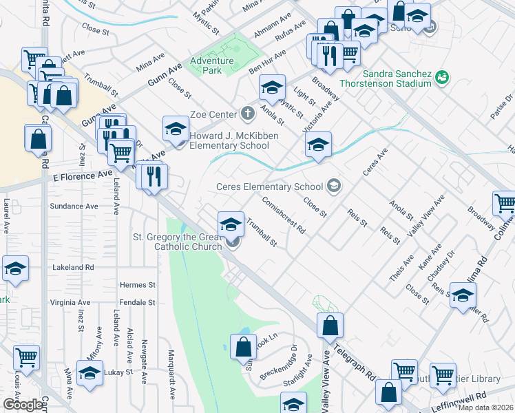 map of restaurants, bars, coffee shops, grocery stores, and more near 14076 Cornishcrest Road in Whittier