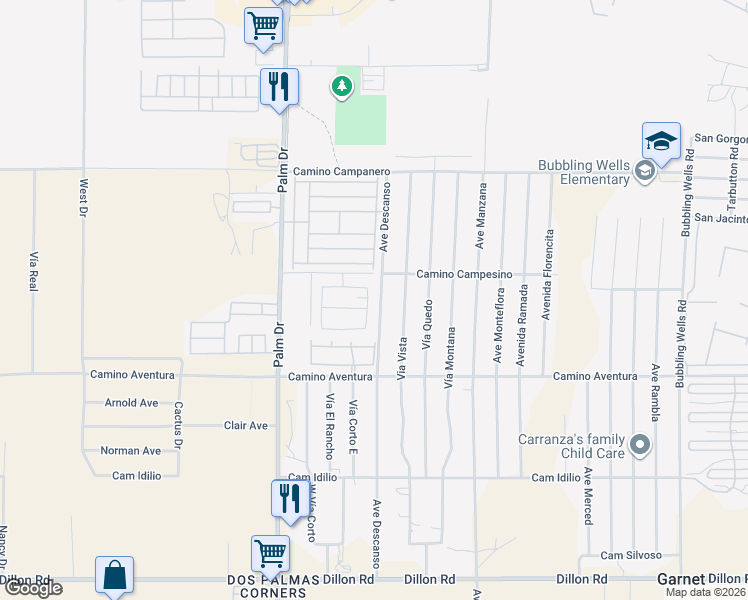 map of restaurants, bars, coffee shops, grocery stores, and more near 15426 Avenida De Cielo in Desert Hot Springs