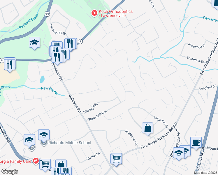 map of restaurants, bars, coffee shops, grocery stores, and more near 229 Mill Ridge Court in Lawrenceville