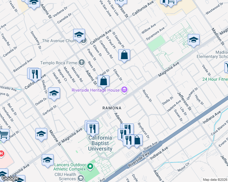 map of restaurants, bars, coffee shops, grocery stores, and more near 3866 Mattie Place in Riverside