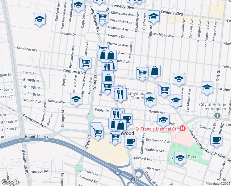 map of restaurants, bars, coffee shops, grocery stores, and more near 10824 Long Beach Boulevard in Lynwood