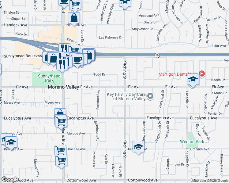 map of restaurants, bars, coffee shops, grocery stores, and more near 12812 Westbury Drive in Moreno Valley