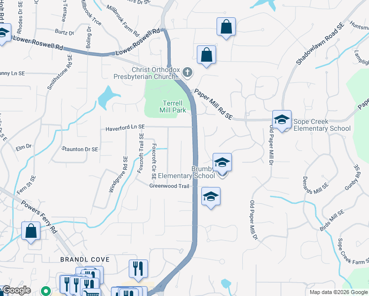 map of restaurants, bars, coffee shops, grocery stores, and more near 689 Huntington Place Southeast in Marietta