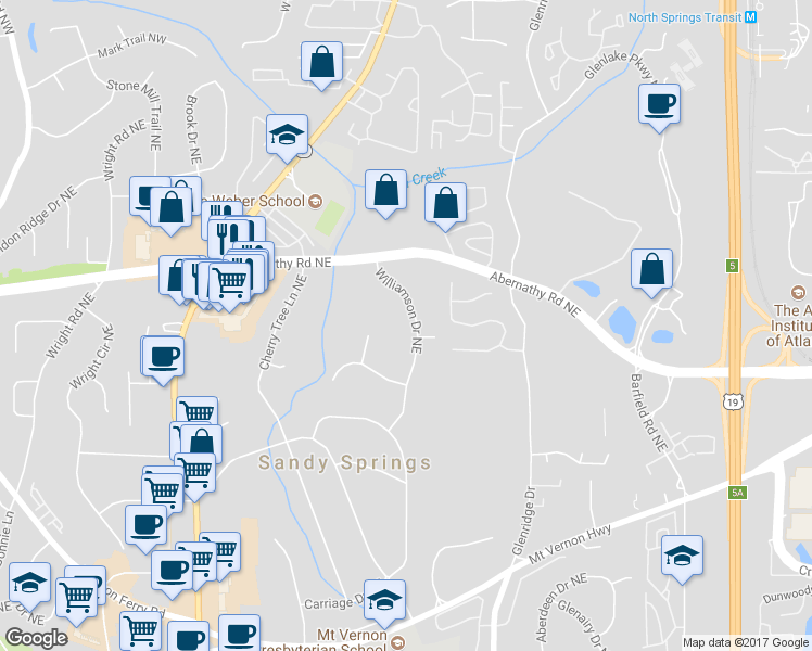 map of restaurants, bars, coffee shops, grocery stores, and more near 6590 Williamson Drive Northeast in Atlanta