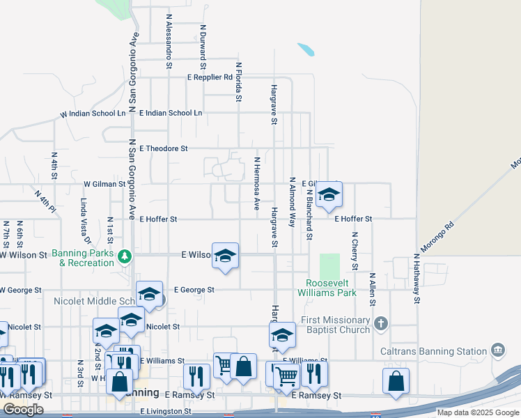 map of restaurants, bars, coffee shops, grocery stores, and more near 1058 North Hermosa Avenue in Banning