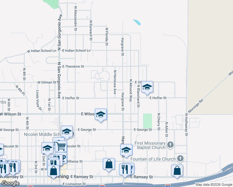 map of restaurants, bars, coffee shops, grocery stores, and more near 689 East Hoffer Street in Banning