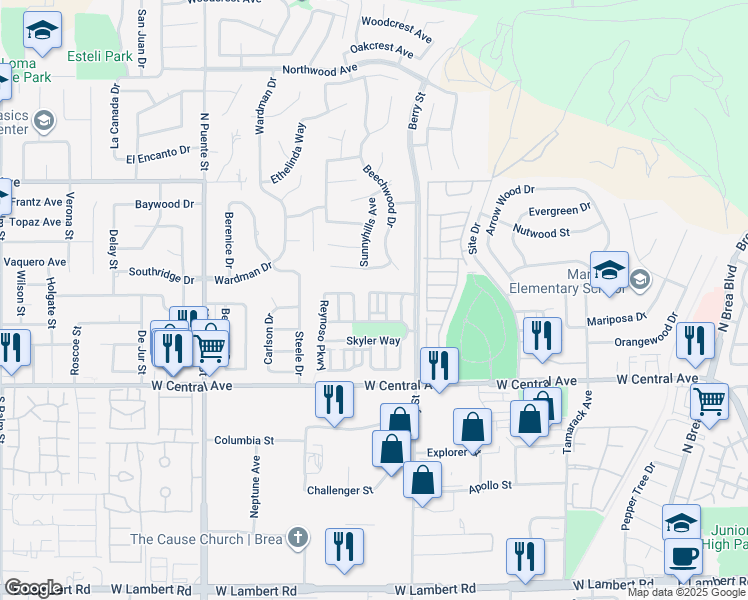 map of restaurants, bars, coffee shops, grocery stores, and more near 980 Matthews Lane in Brea