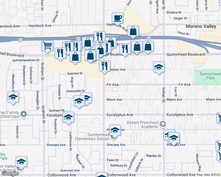 map of restaurants, bars, coffee shops, grocery stores, and more near 24051 Fir Avenue in Moreno Valley