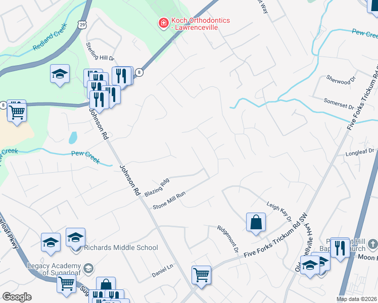 map of restaurants, bars, coffee shops, grocery stores, and more near 229 Mill Ridge Court in Lawrenceville