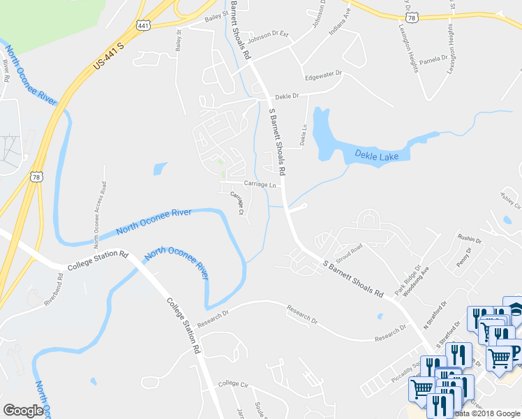 map of restaurants, bars, coffee shops, grocery stores, and more near 125 Carriage Court in Athens
