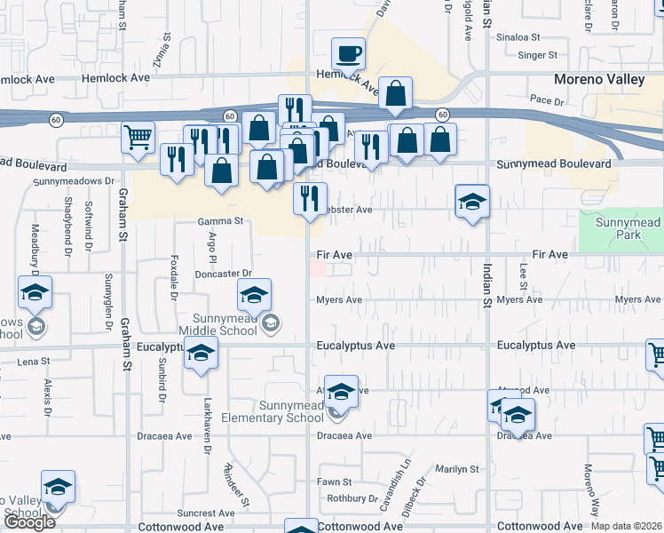 map of restaurants, bars, coffee shops, grocery stores, and more near 24065 Fir Avenue in Moreno Valley