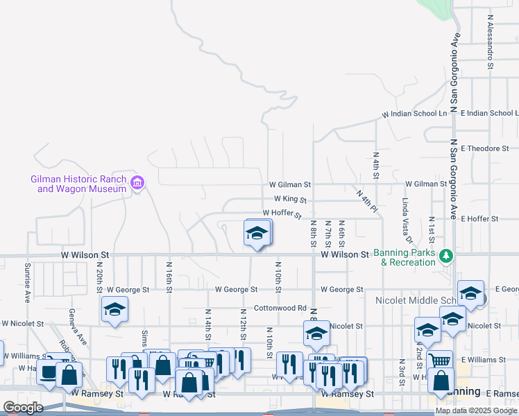 map of restaurants, bars, coffee shops, grocery stores, and more near West Hoffer Street in Banning