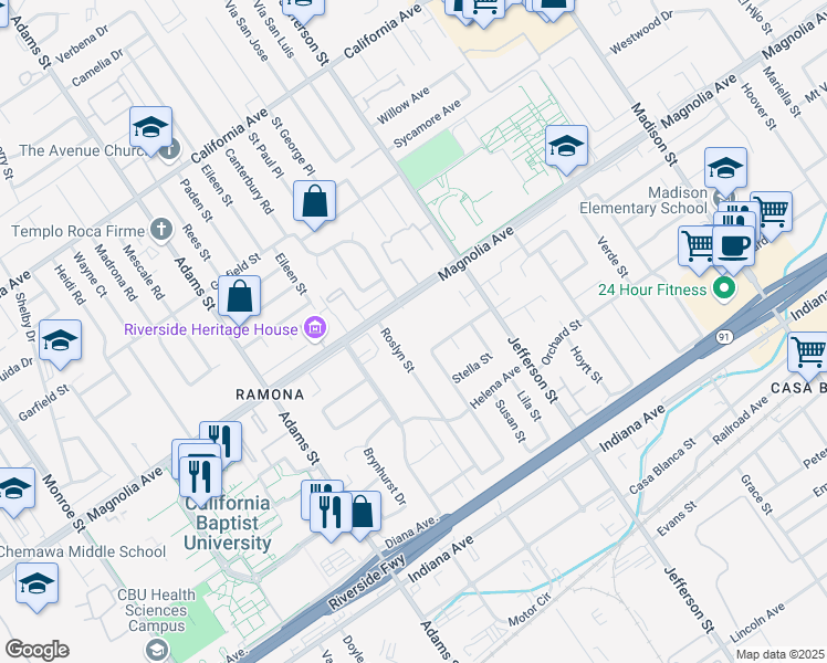 map of restaurants, bars, coffee shops, grocery stores, and more near 8040 Magnolia Avenue in Riverside