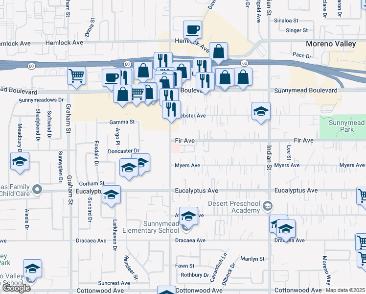 map of restaurants, bars, coffee shops, grocery stores, and more near 24065 Fir Avenue in Moreno Valley