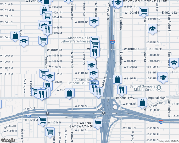 map of restaurants, bars, coffee shops, grocery stores, and more near 533 West 111th Street in Los Angeles
