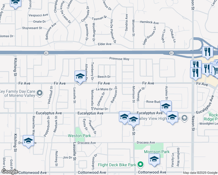 map of restaurants, bars, coffee shops, grocery stores, and more near 26290 Le Mans Drive in Moreno Valley