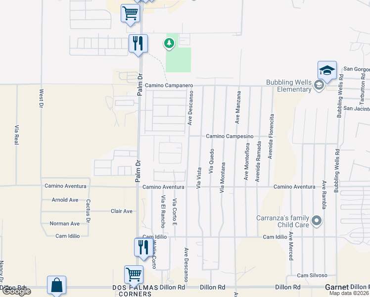 map of restaurants, bars, coffee shops, grocery stores, and more near 15426 Avenida De Cielo in Desert Hot Springs