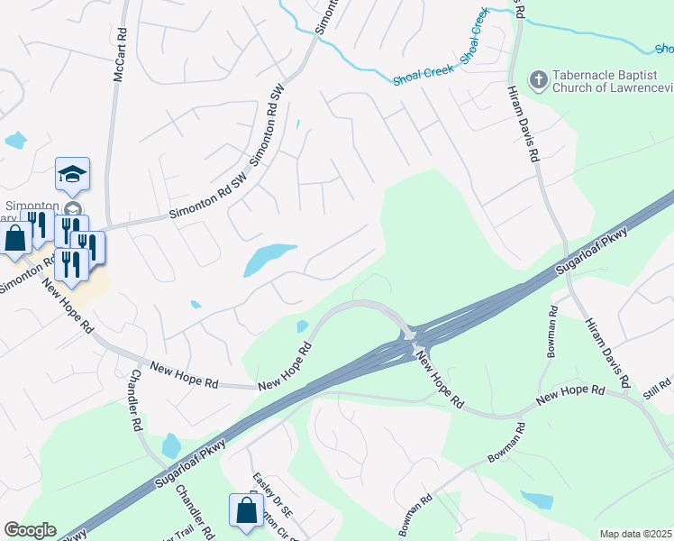 map of restaurants, bars, coffee shops, grocery stores, and more near 638 Savannah Rose Way in Lawrenceville