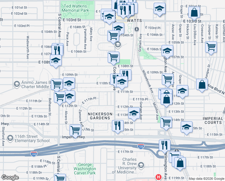 map of restaurants, bars, coffee shops, grocery stores, and more near 11111 Compton Avenue in Los Angeles