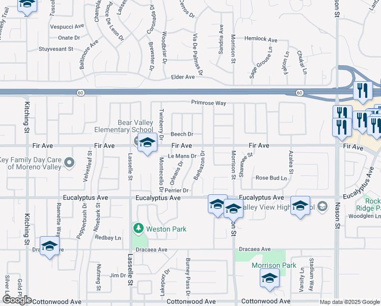 map of restaurants, bars, coffee shops, grocery stores, and more near 26290 Le Mans Drive in Moreno Valley