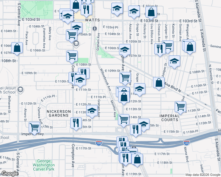 map of restaurants, bars, coffee shops, grocery stores, and more near 11026 Willowbrook Avenue in Los Angeles