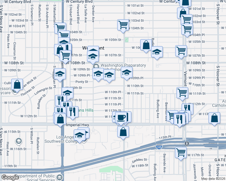 map of restaurants, bars, coffee shops, grocery stores, and more near 1445 West 110th Place in Los Angeles
