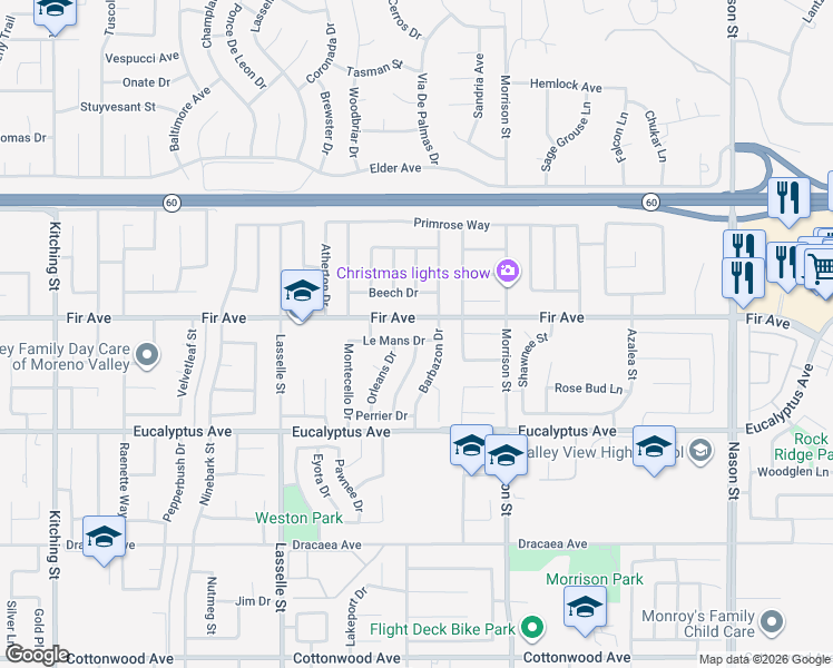 map of restaurants, bars, coffee shops, grocery stores, and more near 12809 Fontainebleau Drive in Moreno Valley