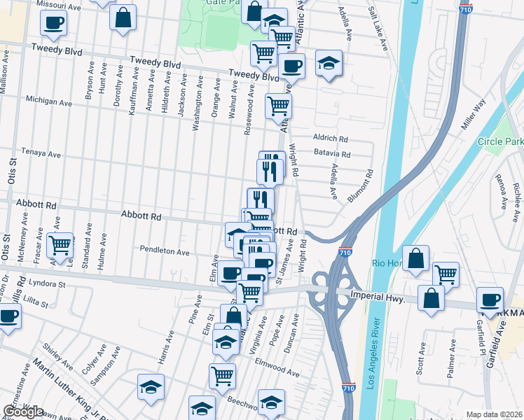 map of restaurants, bars, coffee shops, grocery stores, and more near 10601 Pinehurst Avenue in South Gate