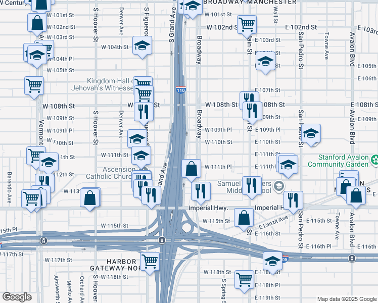 map of restaurants, bars, coffee shops, grocery stores, and more near 318 West 111th Street in Los Angeles