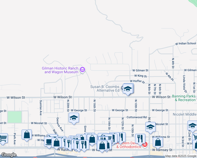 map of restaurants, bars, coffee shops, grocery stores, and more near 1068 Paseo Del Sol in Banning